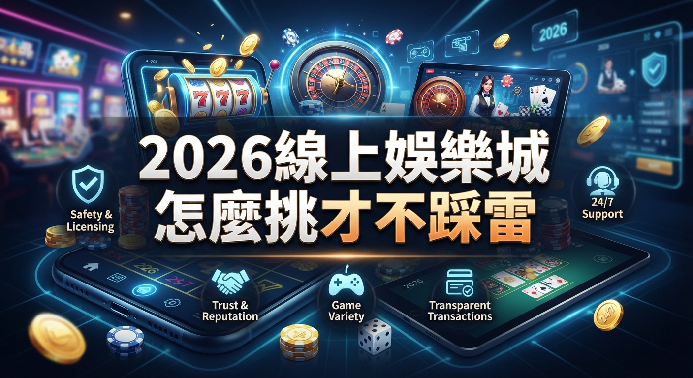 這是一張以「2026線上娛樂城怎麼挑才不踩雷」為主題的科技感宣傳圖片。 畫面中融合了手機遊戲介面、籌碼、輪盤以及安全認證圖示。